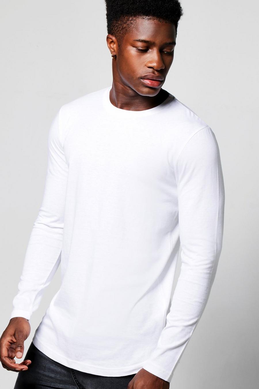 White Long Sleeve Curved Hem T Shirt image number 1