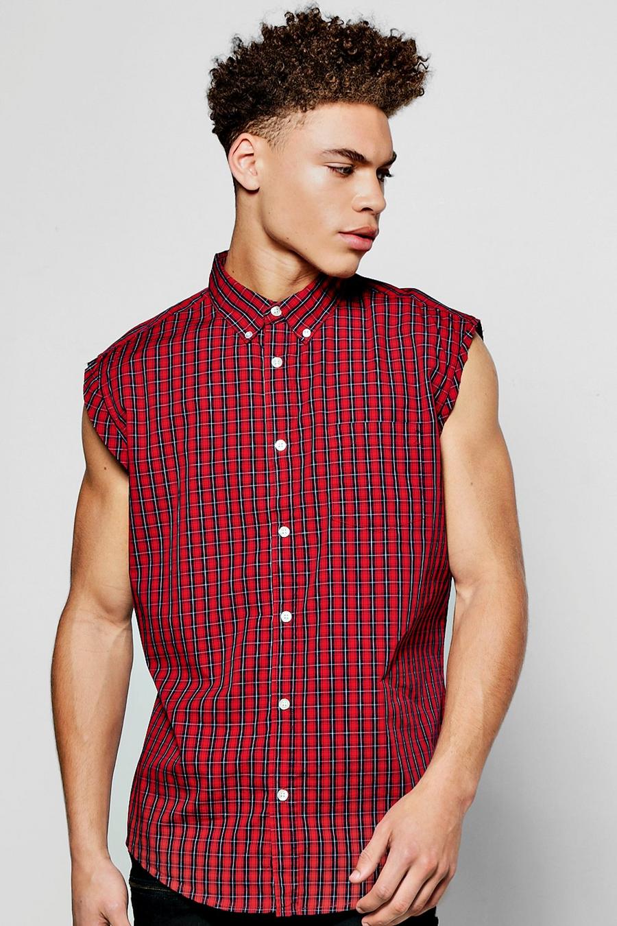 Red Raw Edge Sleeveless Flannel Shirt image number 1