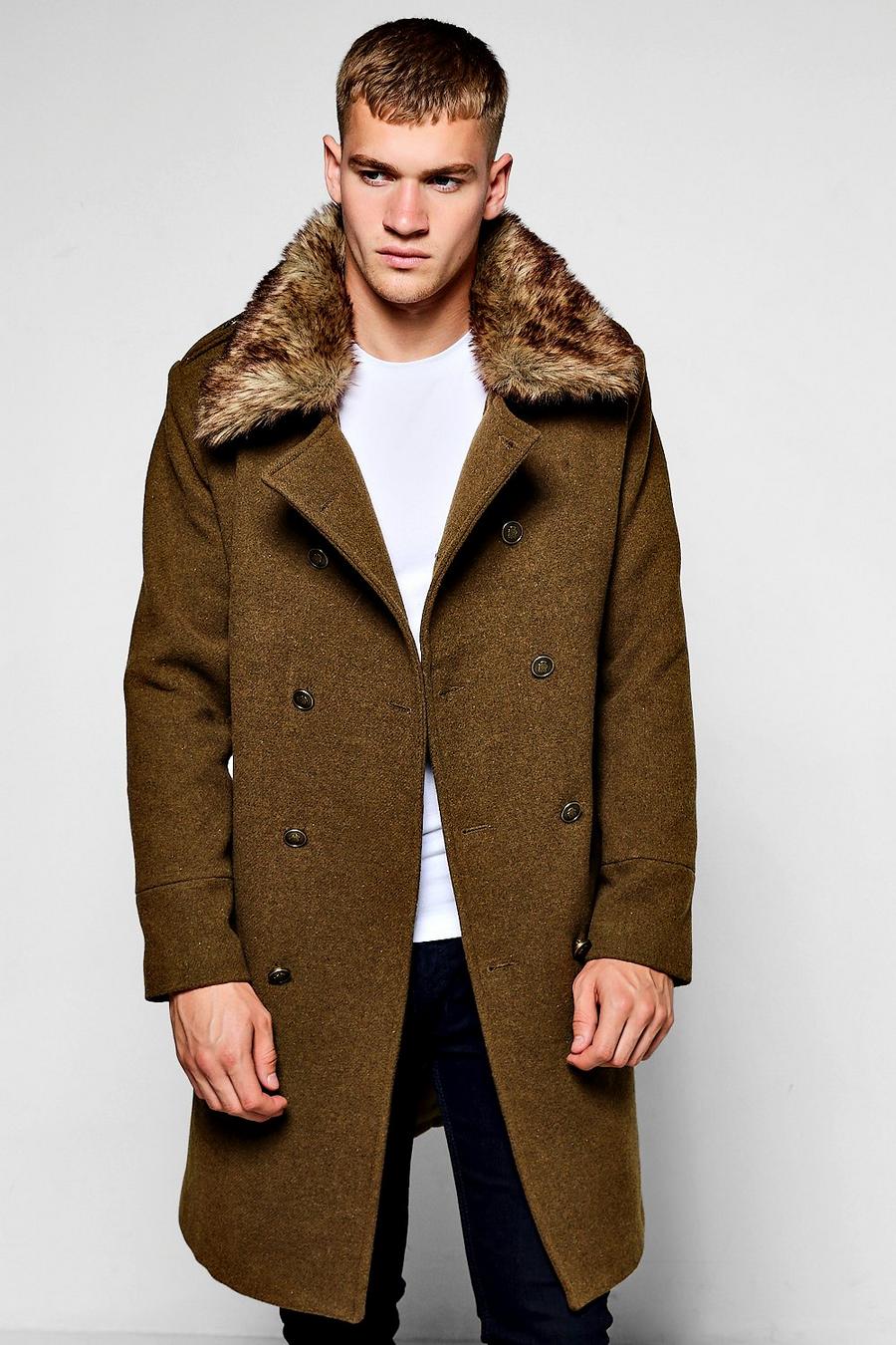 Military Overcoat with Detachable Faux Fur Collar, Khaki image number 1
