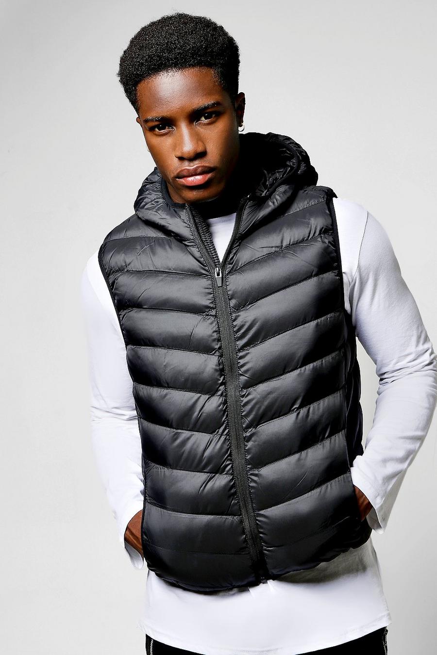 Black Hooded Gilet With Chevron Quilting image number 1