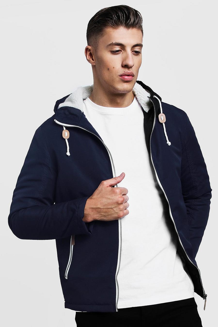 Navy Zip Through Jacket With Borg Lined Hood image number 1