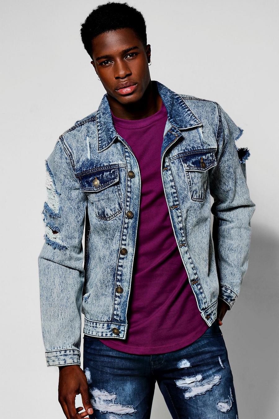 Snow Wash Denim Jacket with Open Rips, Blue image number 1