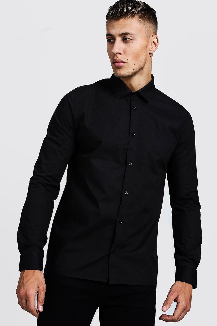 Camisa ajustada elegante con manga larga, Black image number 1