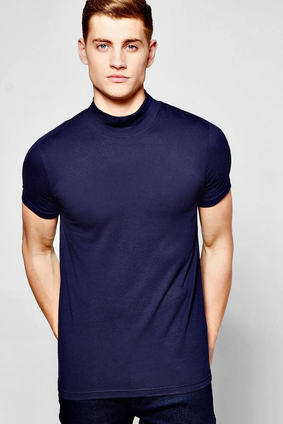 Navy Short Sleeve Muscle Fit Turtle Neck T-Shirt image number 1