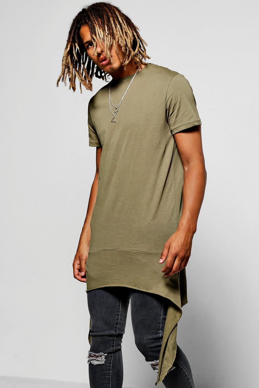 Länger geschnittenes T-Shirt mit geschlitztem, verlängertem Saum, Olivgrün image number 1