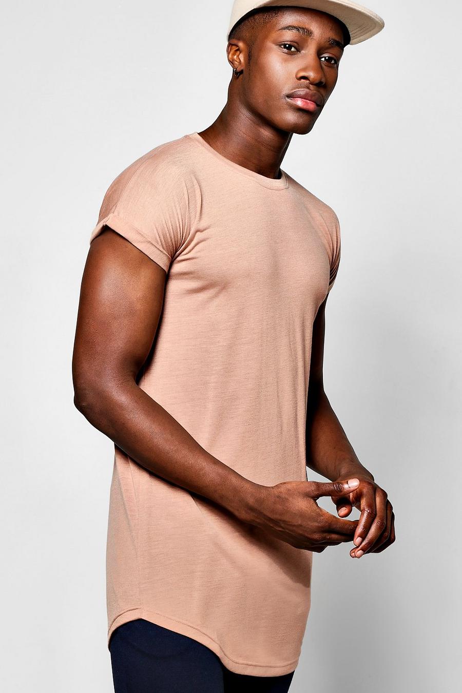 Länger geschnittenes T-Shirt mit überschnittenen Schultern und abgerundetem Saum, Korallrot image number 1