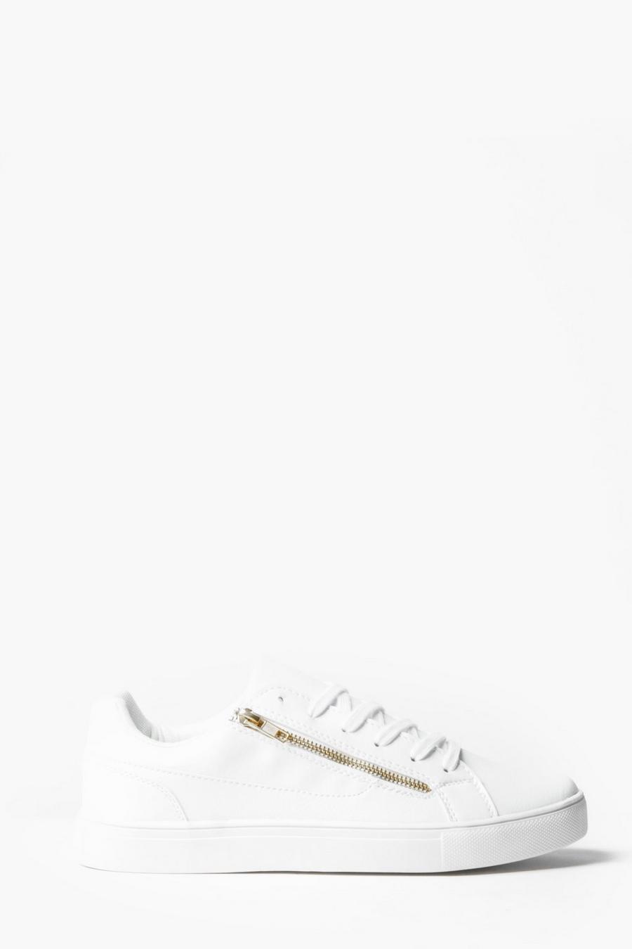 White Faux Leather Gold Zip Trainer image number 1