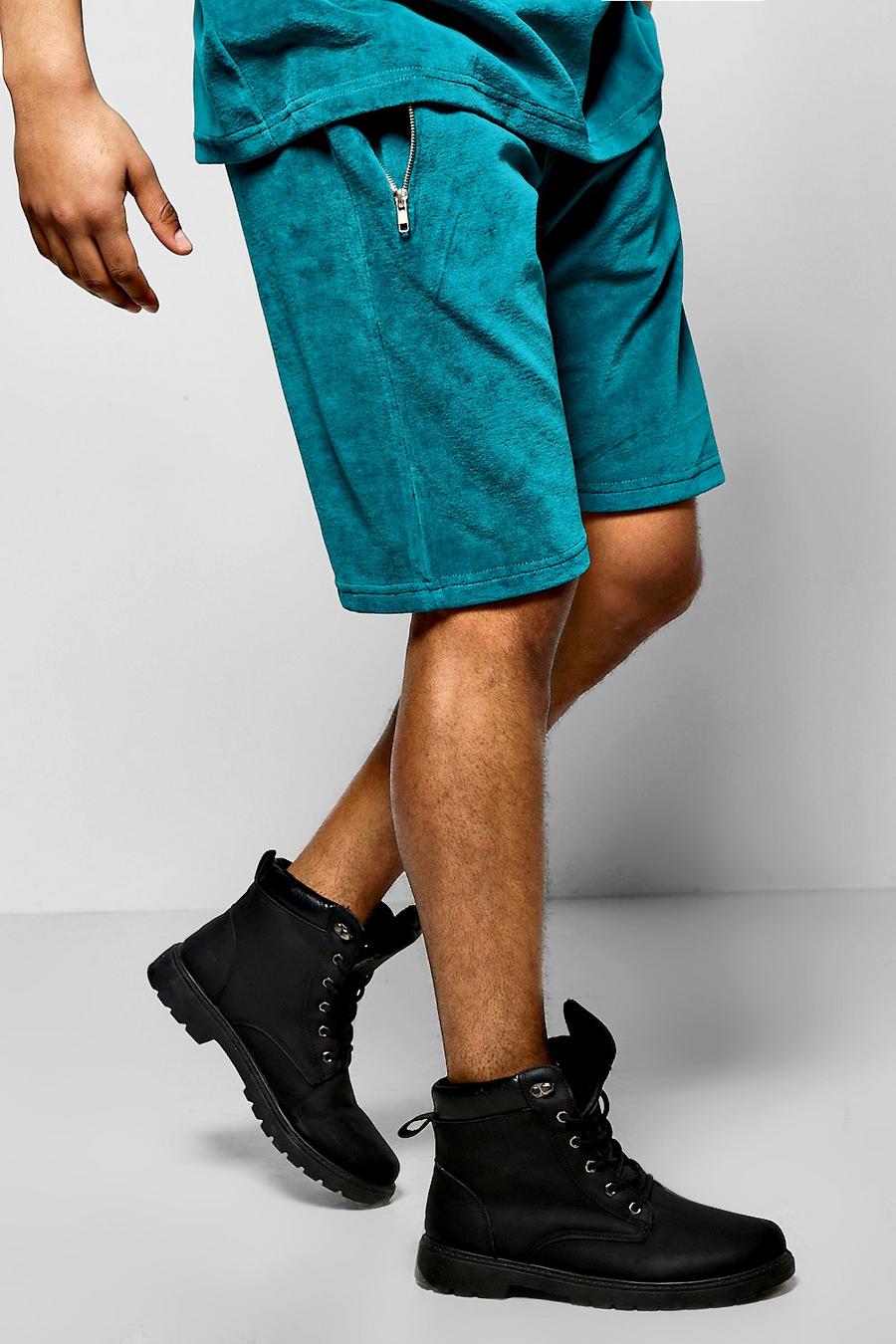 Teal Velour Shorts With Zip Pockets image number 1