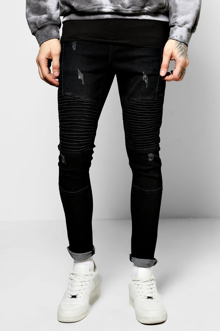 Black Skinny Ribbed Biker Jeans With Abrasions image number 1
