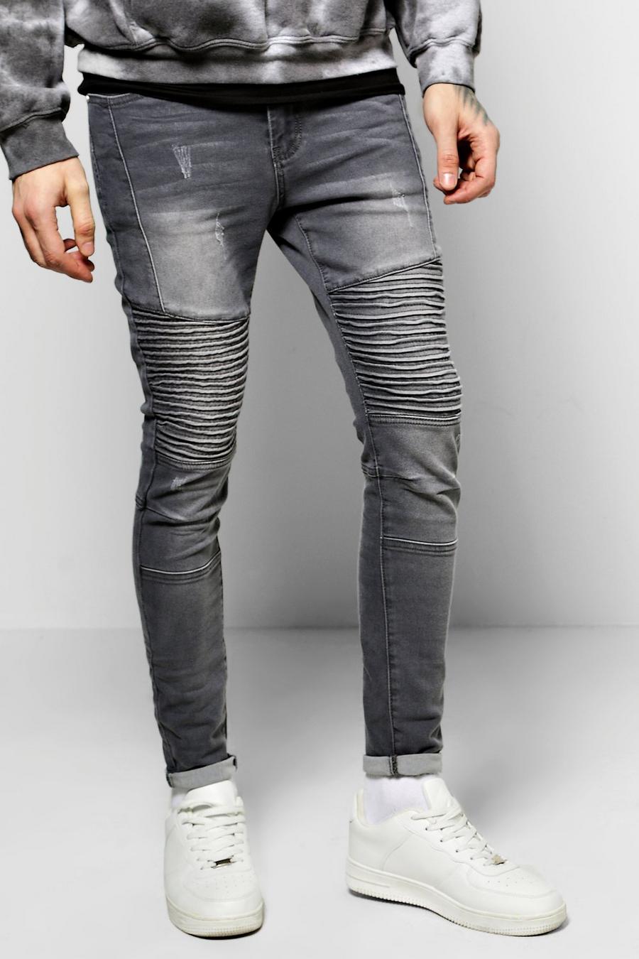 Grey Skinny Ribbed Biker Jeans With Abrasions image number 1