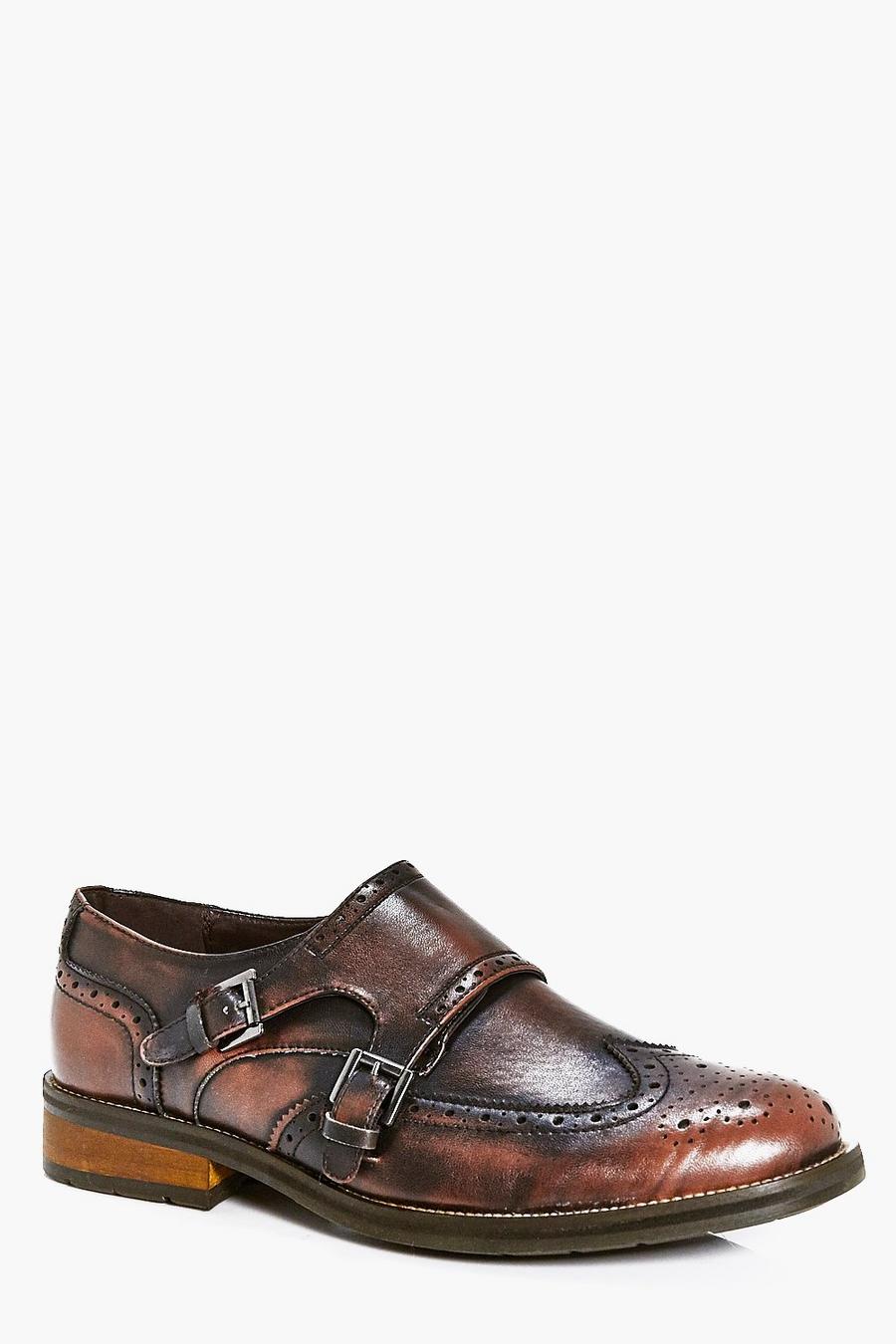 Brown Double Buckle Smart Brogue Shoes image number 1