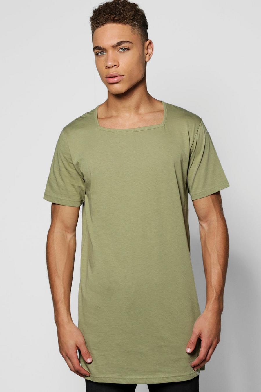 Khaki Longline T-Shirt With Square Neck image number 1
