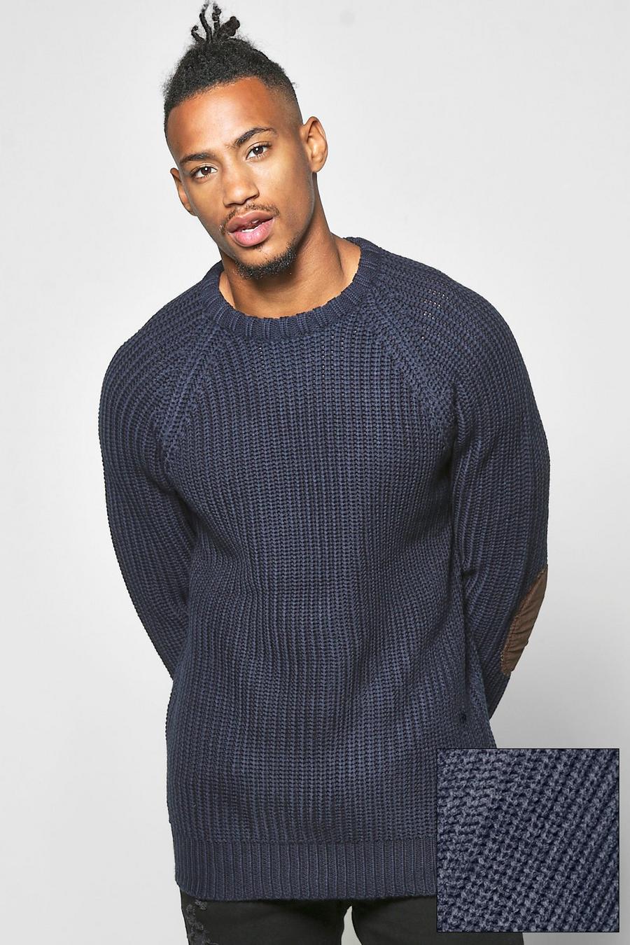 Navy Heavy Knit Sweater With Elbow Patches image number 1
