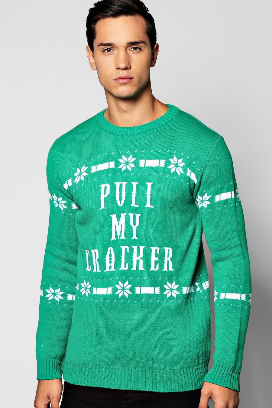 Green Pull My Cracker Christmas Jumper image number 1
