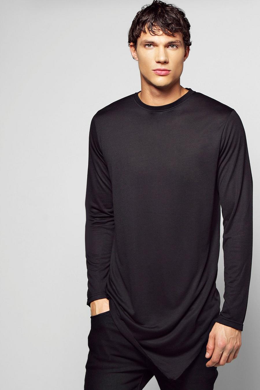 Black Long Sleeve Longline Asymmetric T Shirt image number 1