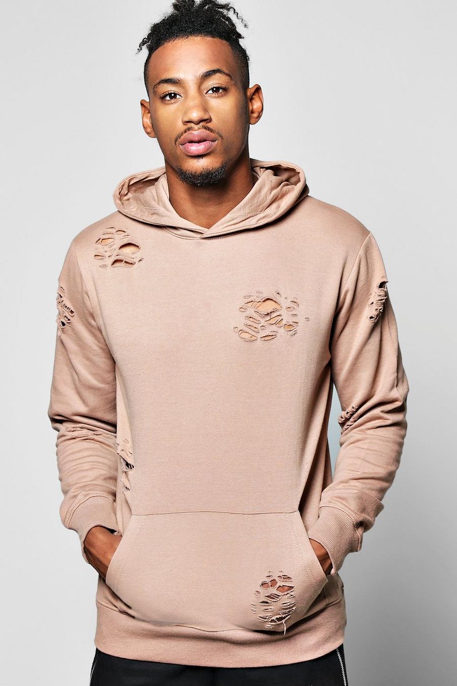 Taupe Over The Head Distressed Hoodie image number 1