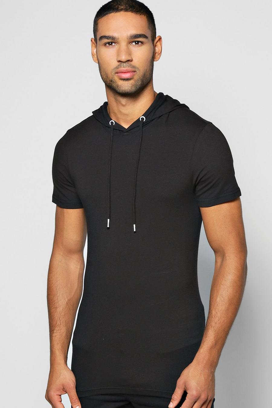 Black Muscle Fit Hooded T Shirt image number 1
