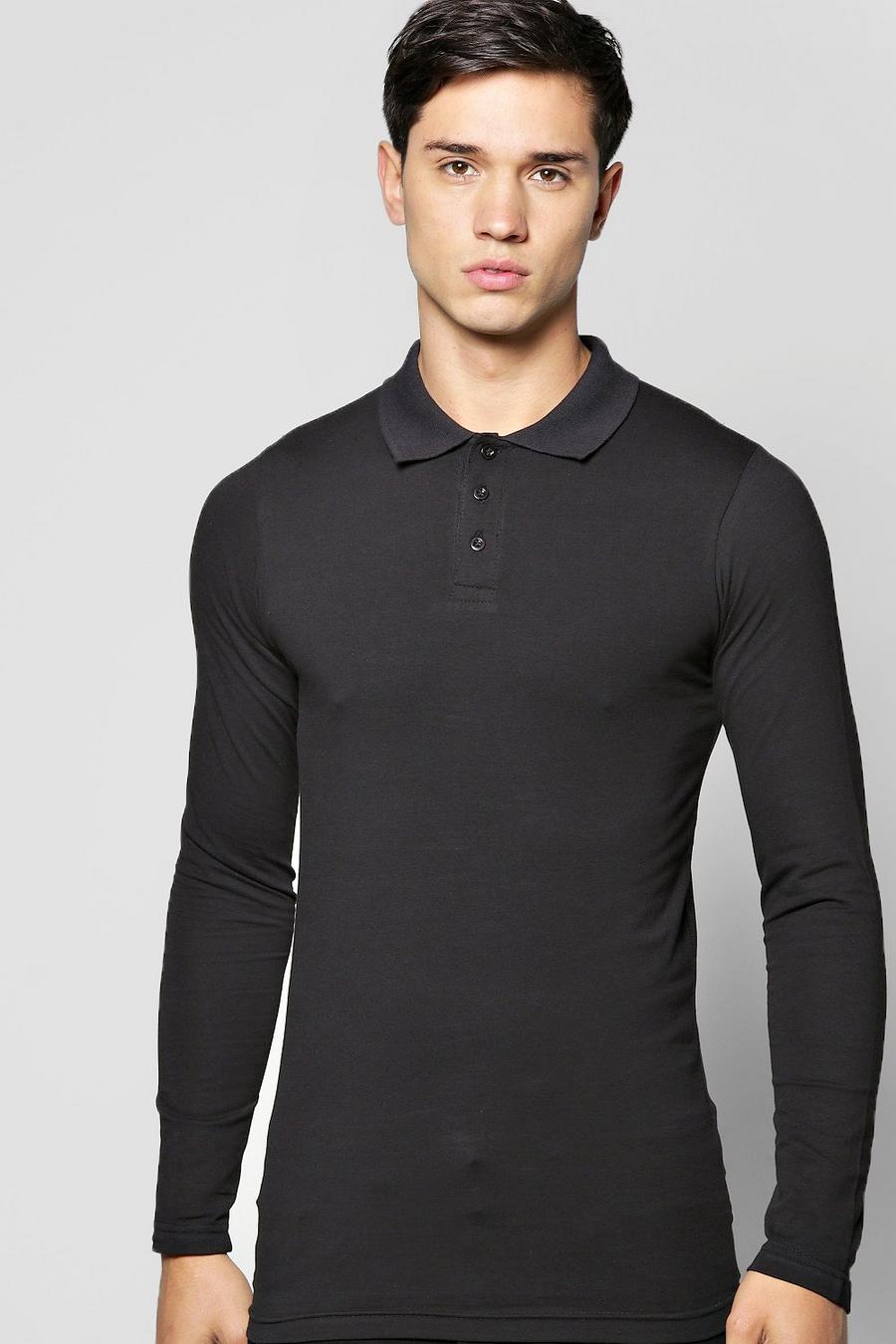 Long Sleeve Muscle Fit Polo, Black image number 1