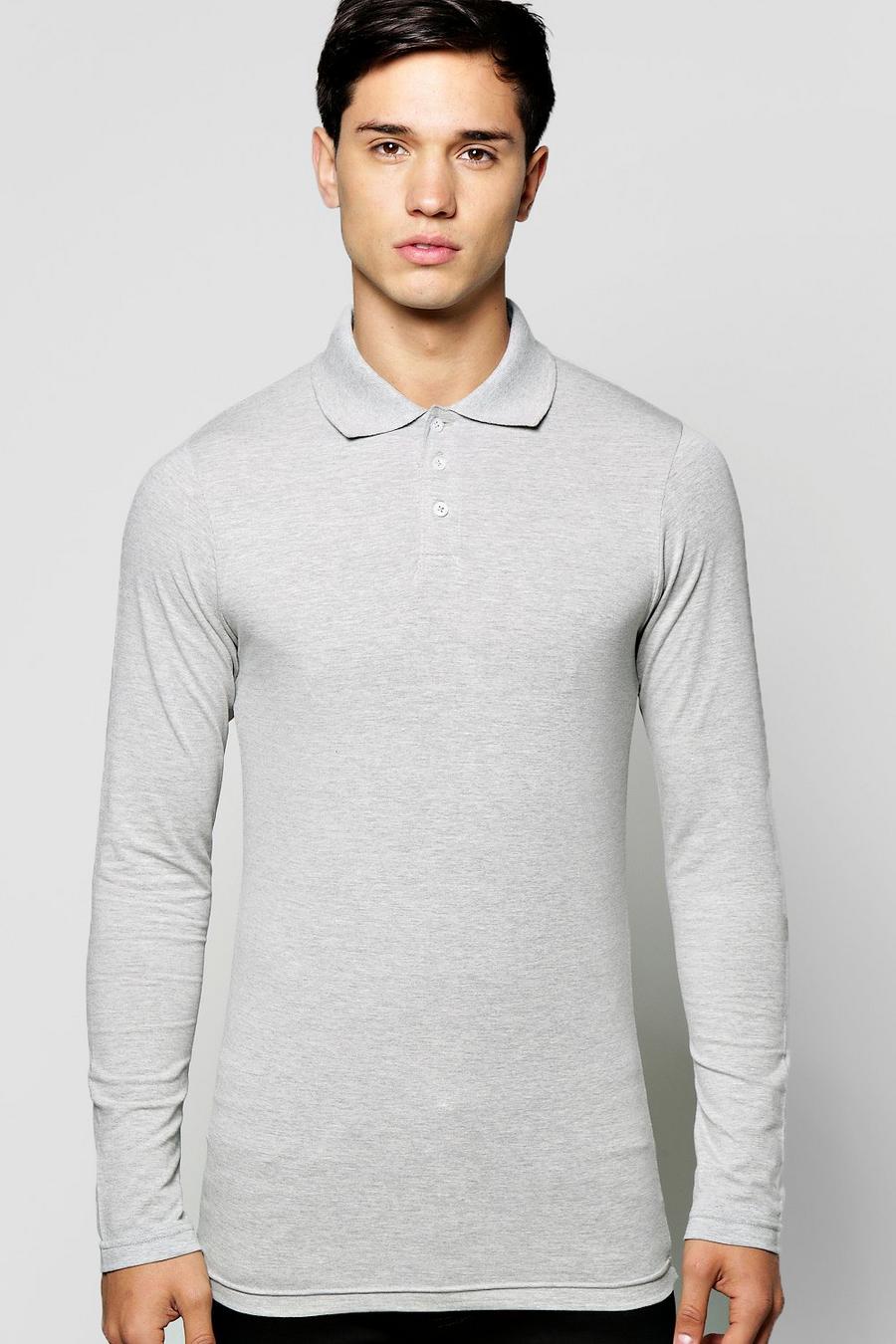 Long Sleeve Muscle Fit Polo, Grey image number 1