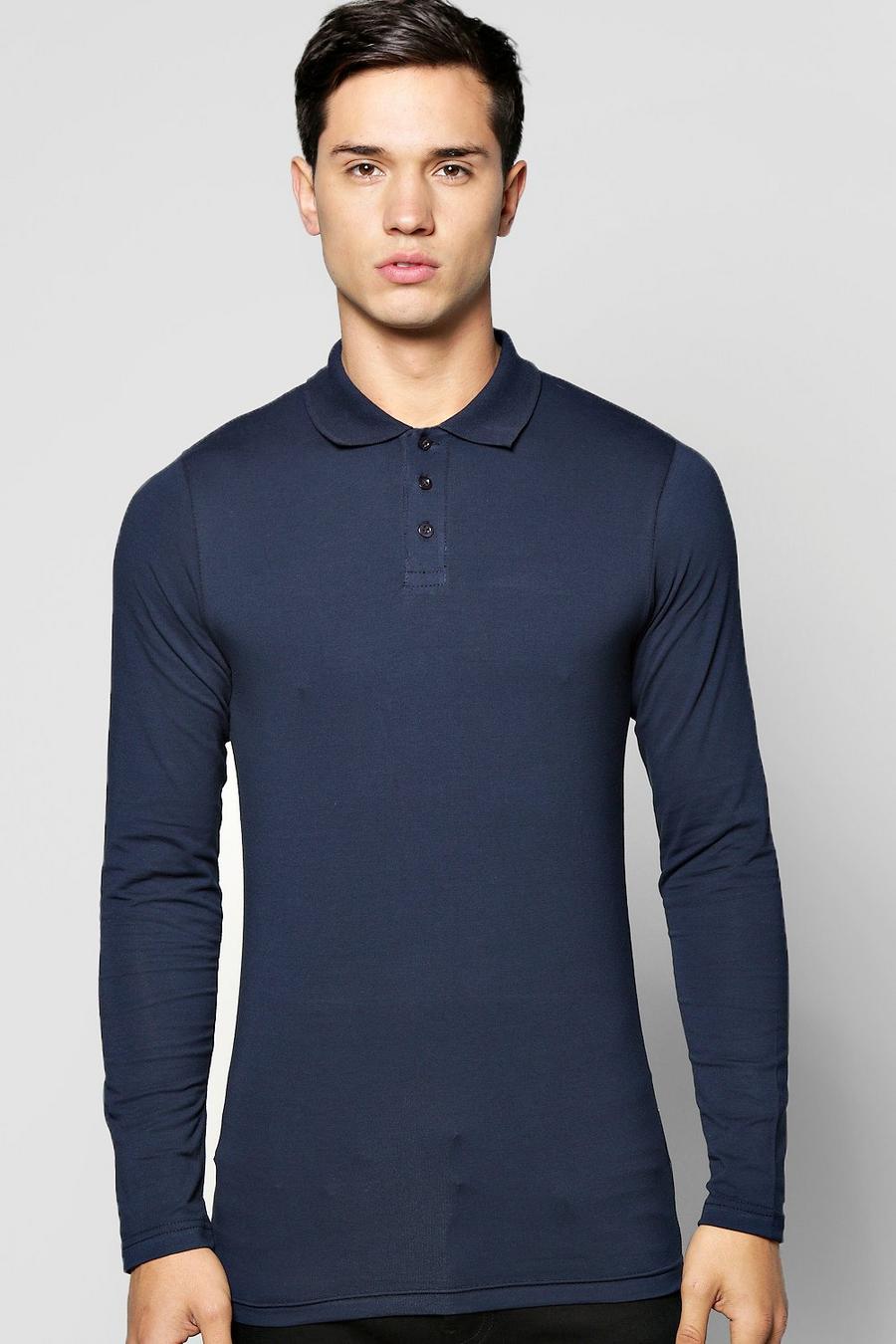Navy Long Sleeve Muscle Fit Polo image number 1