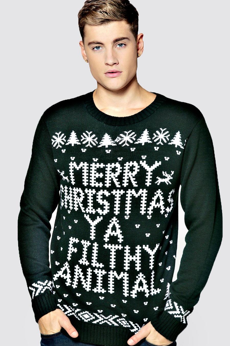 Weihnachtspullover mit „Ya Filthy Animal“-Slogan, Flaschengrün image number 1