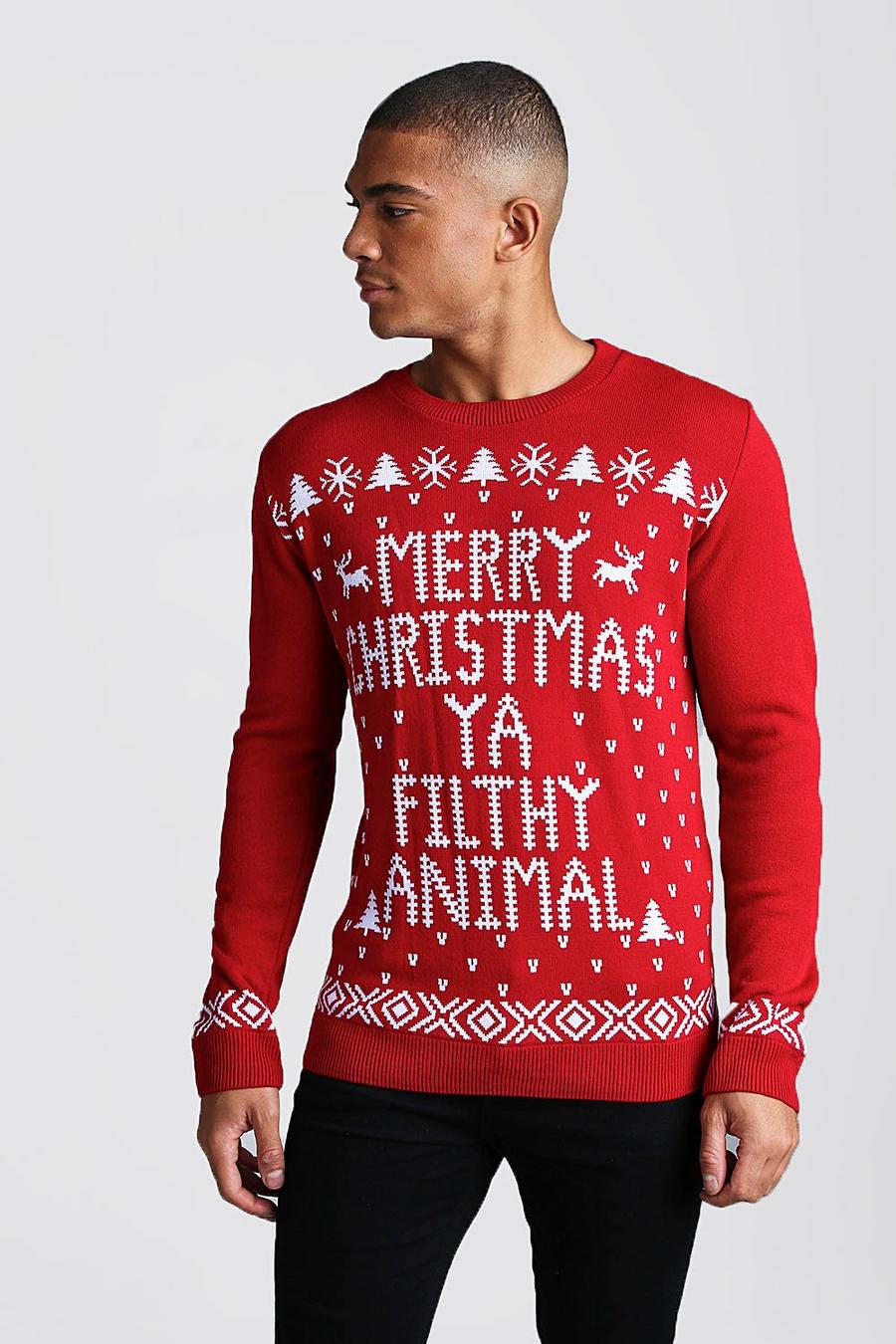 Weihnachtspullover mit „Ya Filthy Animal“-Slogan, Rot image number 1