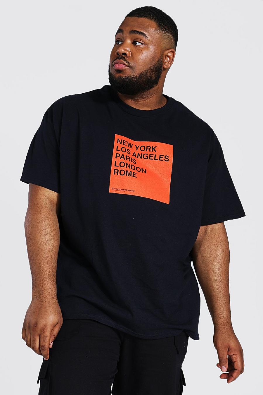 Camiseta Plus con estampado encuadrado de nombres de ciudades, Negro image number 1
