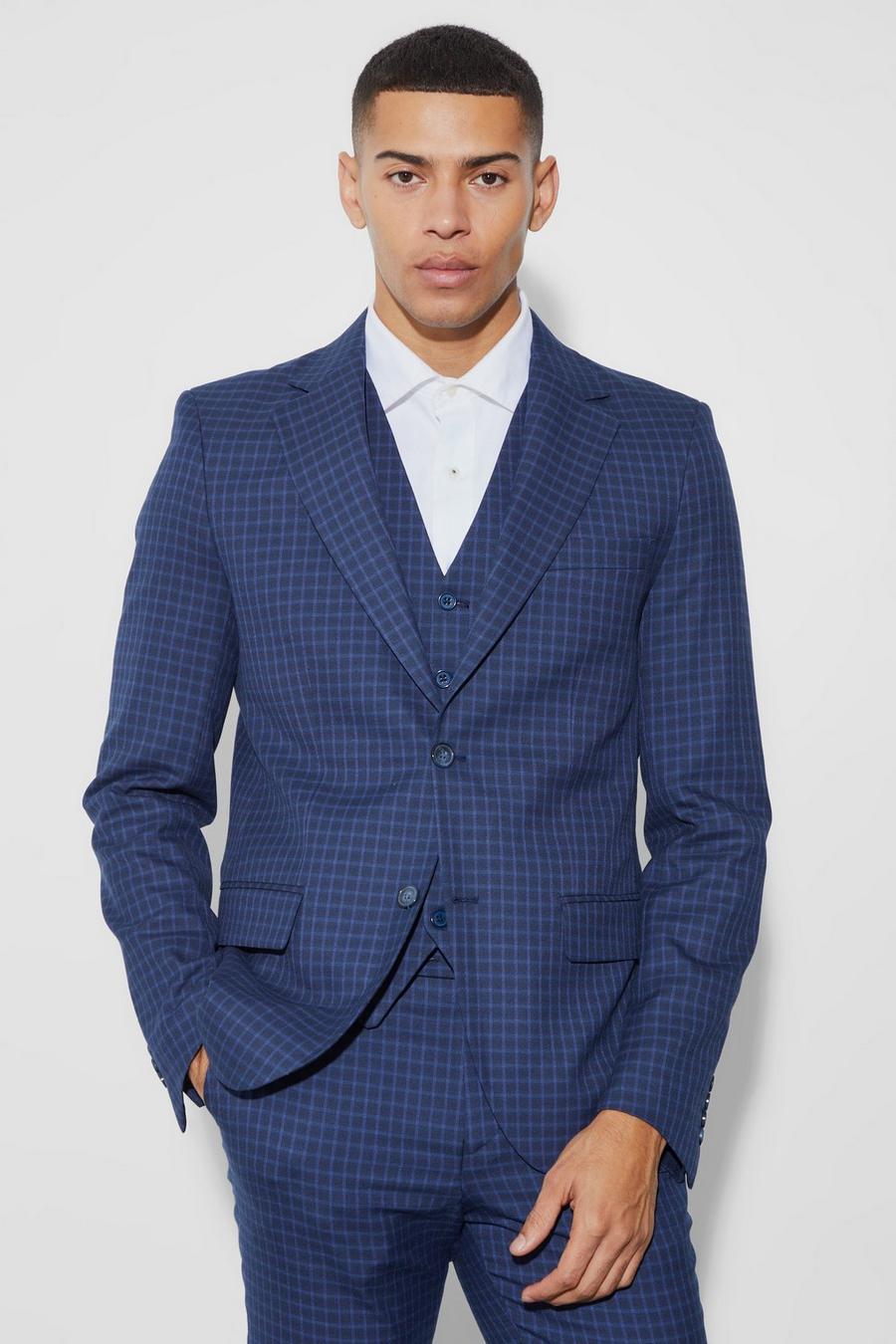 Navy Single Breasted Slim Check Suit Jacket image number 1