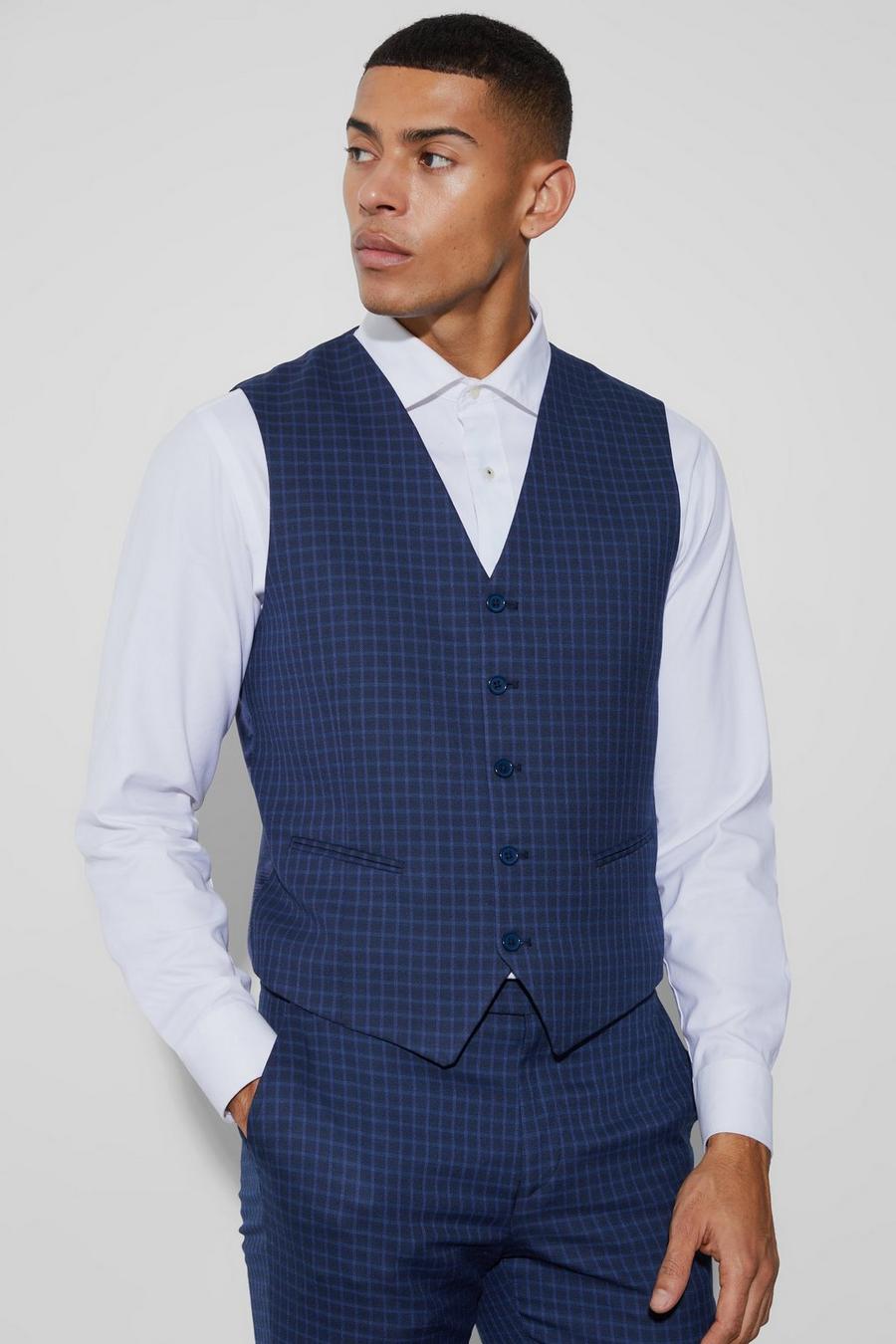 Navy Slim Check Breasted Waistcoat image number 1