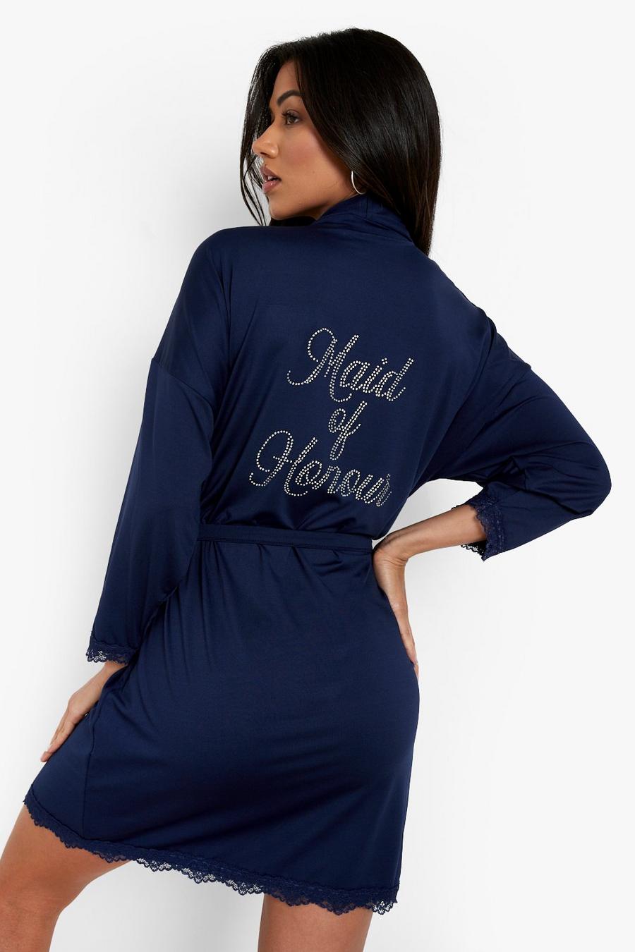 Navy Maid Of Honour Diamante Lace Detail Robe