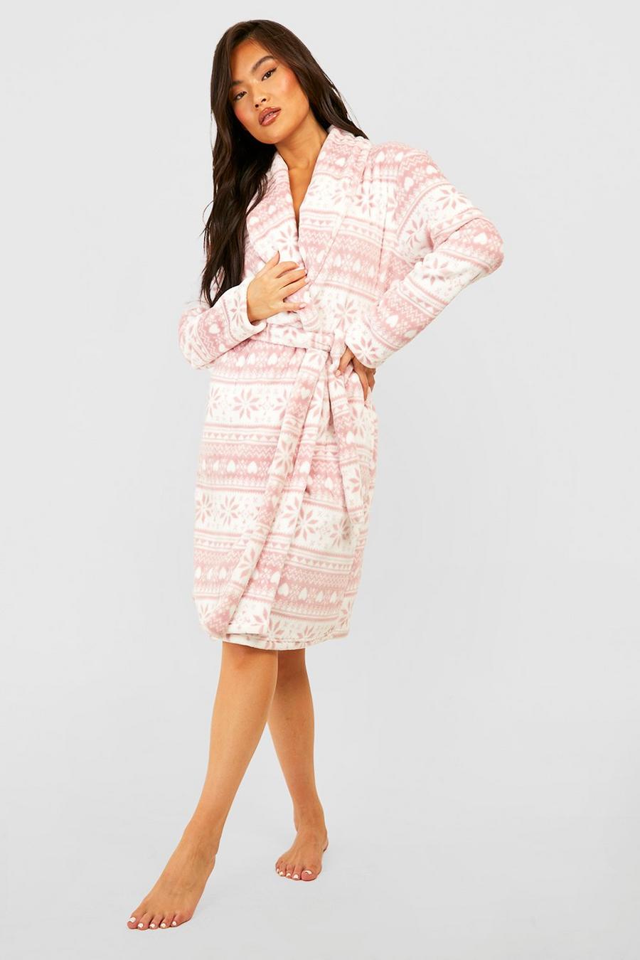 White Pink Fairisle Fleece Dressing Gown