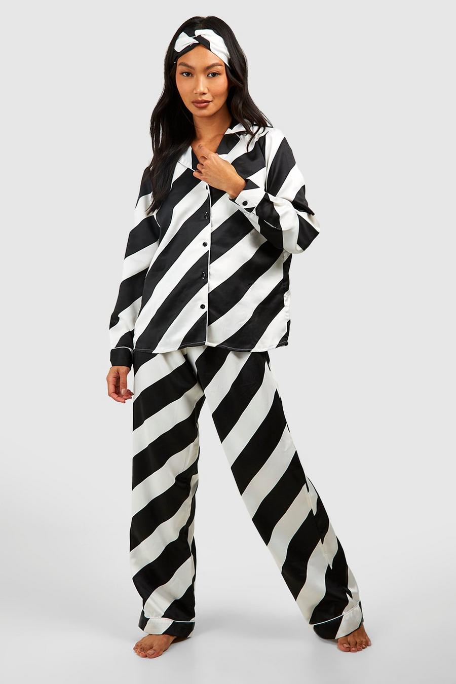 Set pigiama in raso a righe verticali & fascia per capelli, Black
