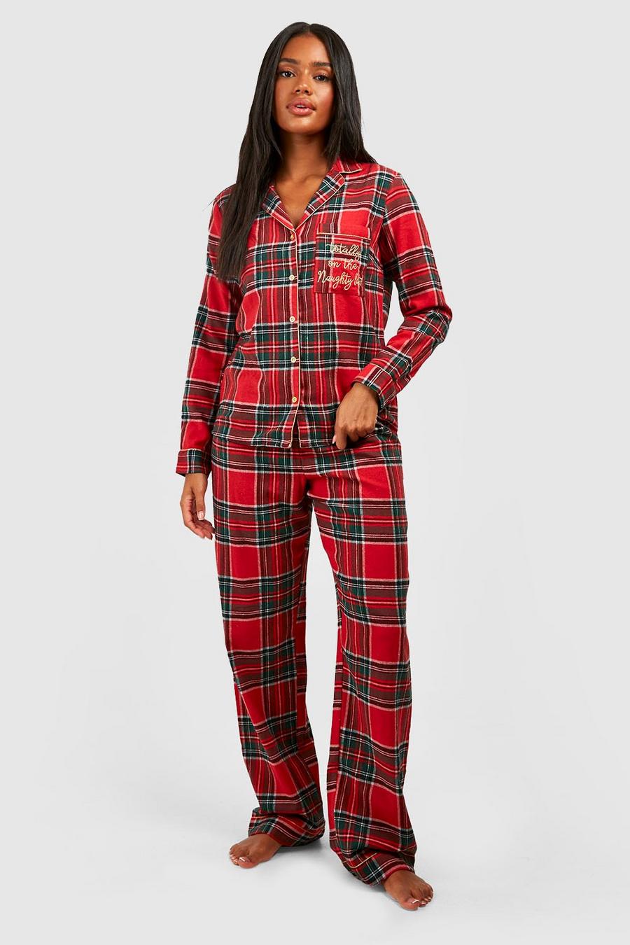 Red Geborduurde Naughty List Flanellen Pyjama Set