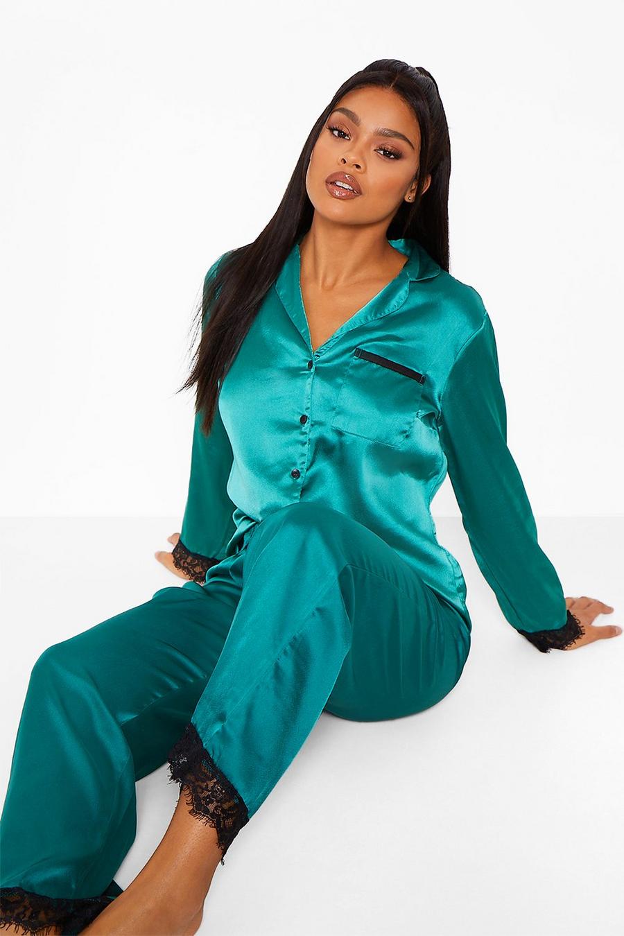 Mix and Match Pyjama-Hemd aus Satin mit Spitzenbesatz, Smaragdgrün
