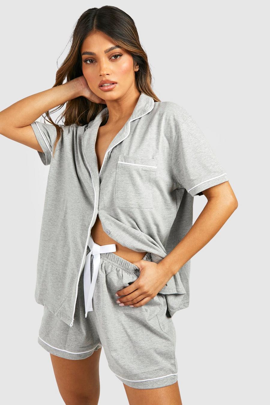 Grijs Jersey Pyjama Set Met Shorts En Knopen
