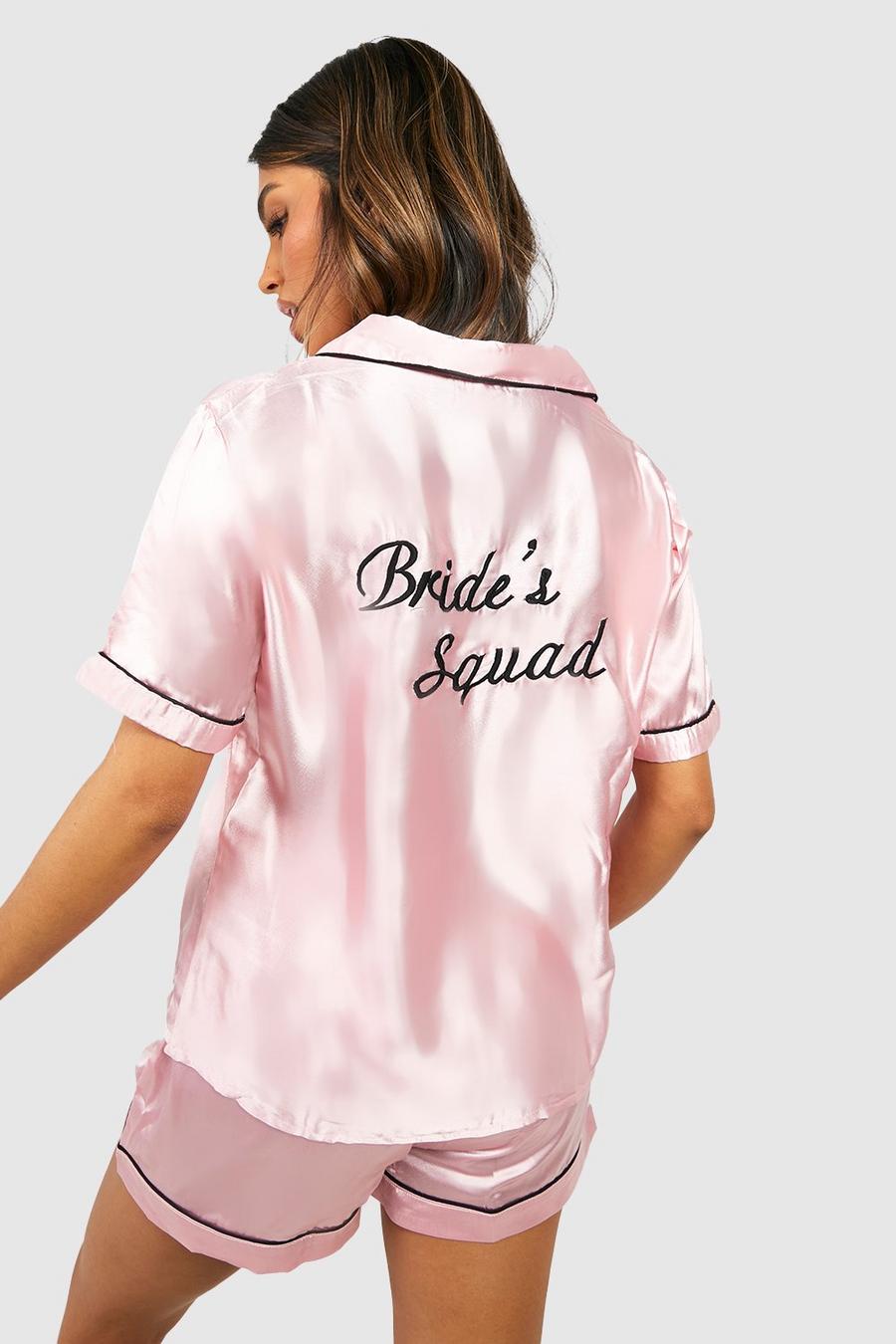 Rose gold Satijnen Geborduurde Bride's Squad Pyjama Set Met Shorts