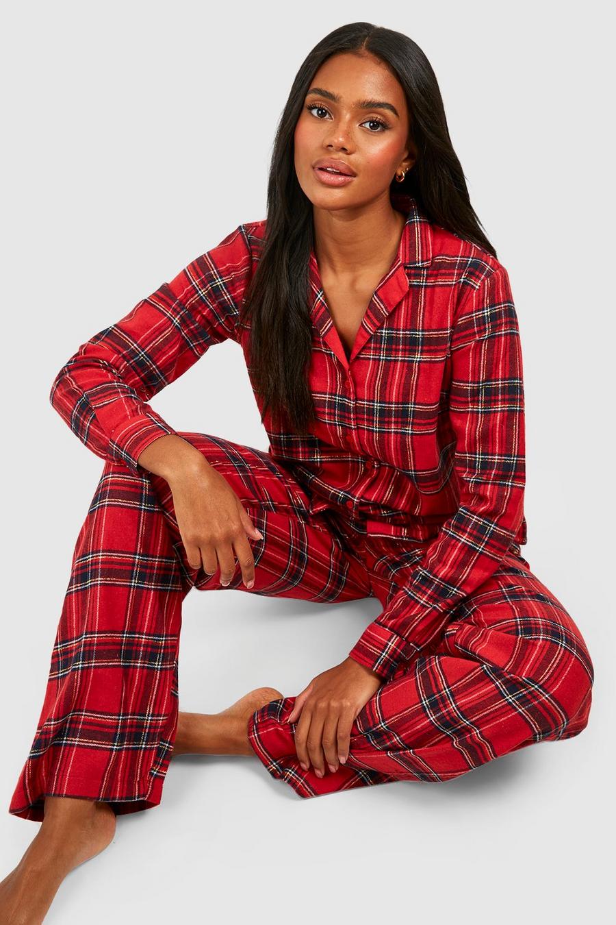 Red Geborstelde Geruite Kerst Pyjama Set Met Knopen En Broek 