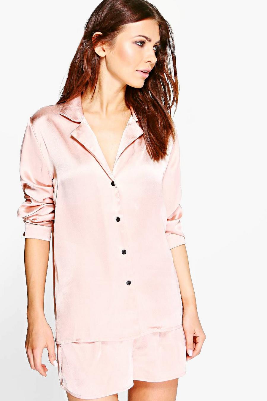 Conjunto de pijama de pantalones cortos y con manga larga de Satén Hollie, Oro rosado image number 1