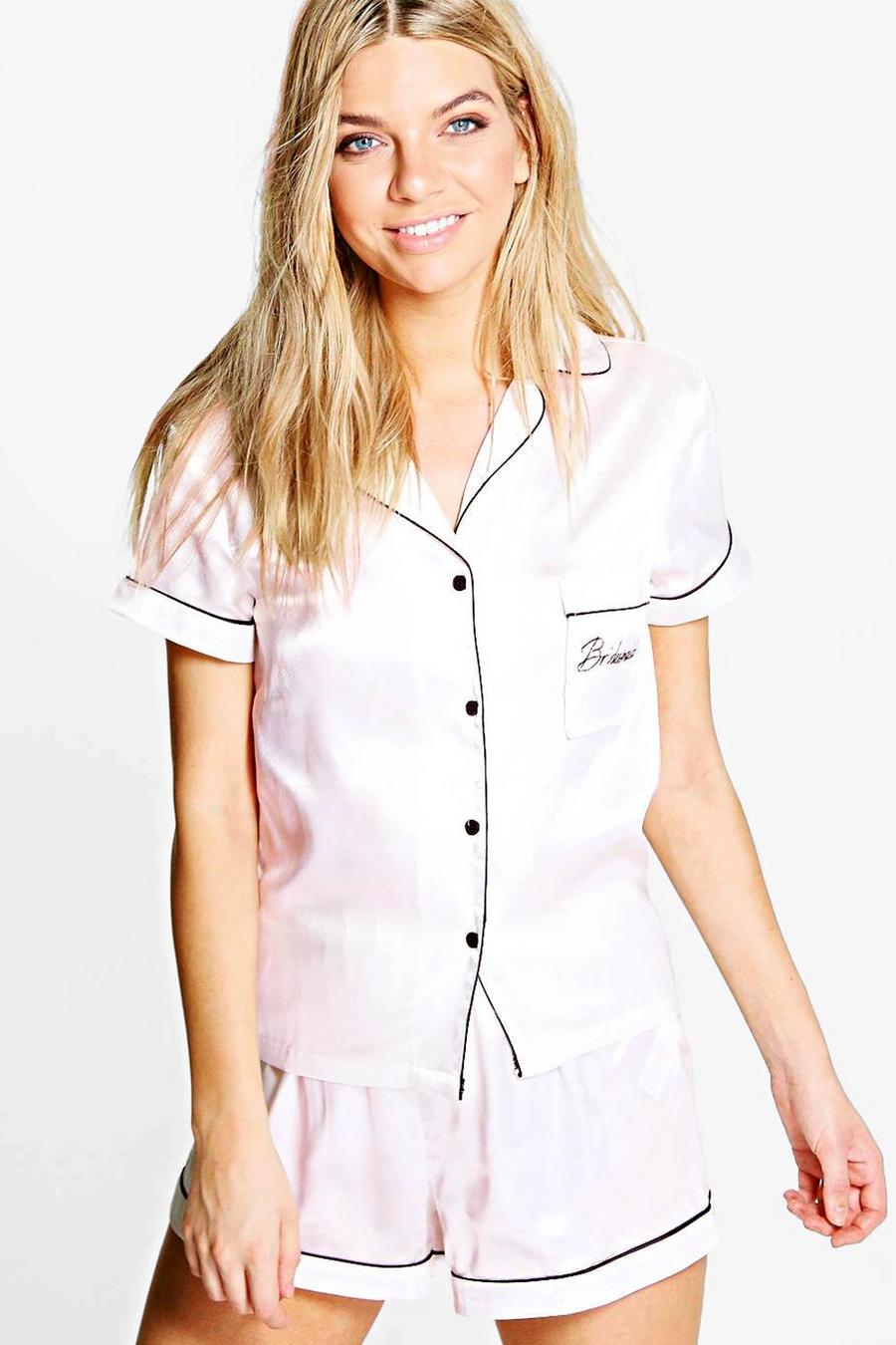 Satin Pyjama-Set mit Bridesmaid-Stickerei, Hautfarben