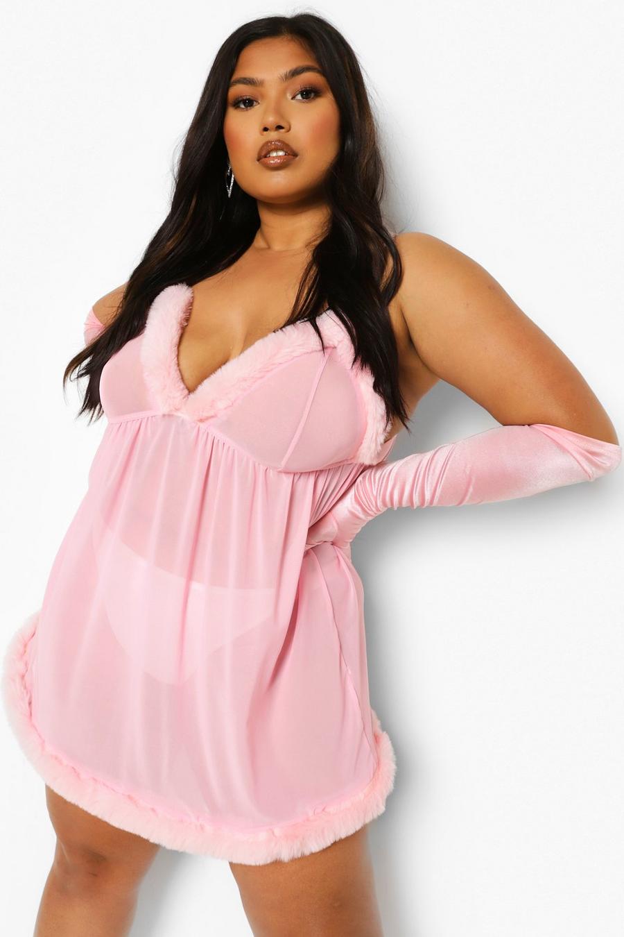 Baby pink Plus Fluffy Cup And Mesh Babydoll