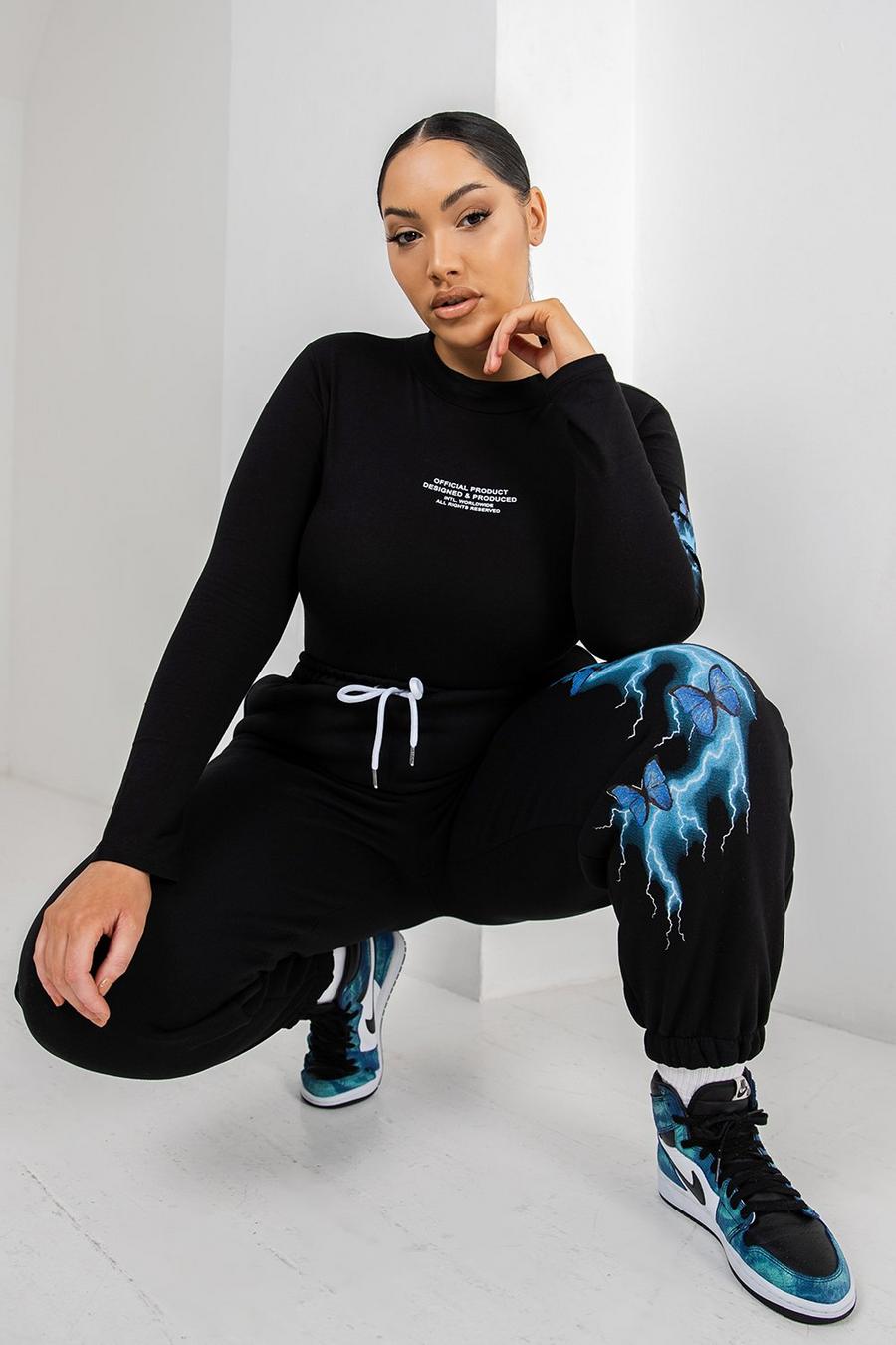 Black Plus Lightening Print Bodysuit & Jogger Set image number 1