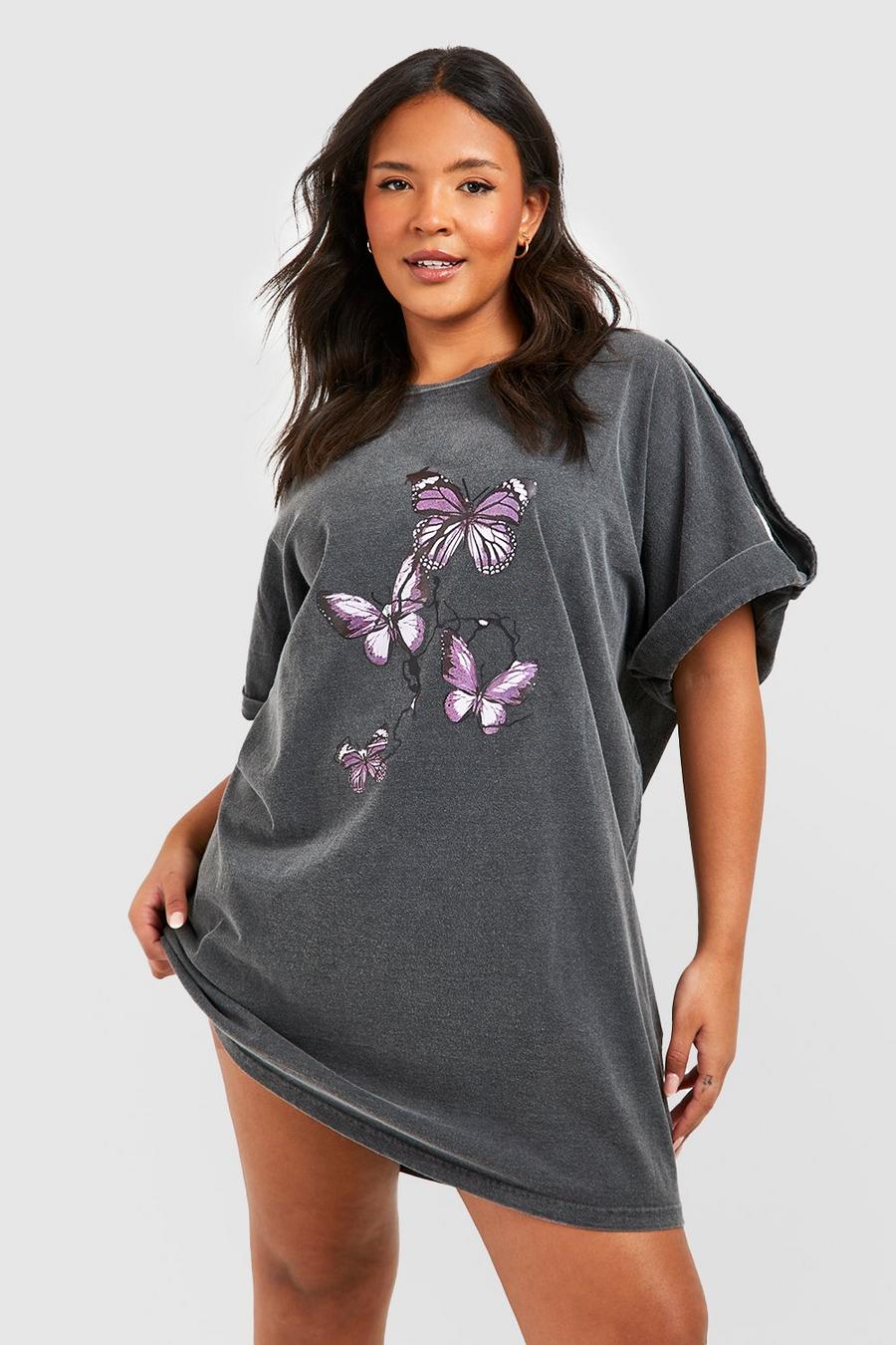 Grande taille - Robe t-shirt délavée à imprimé papillon, Anthracite : image number 1