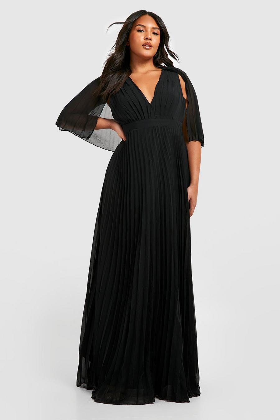 Black Plus Bridesmaid Pleated Cape Maxi Dress