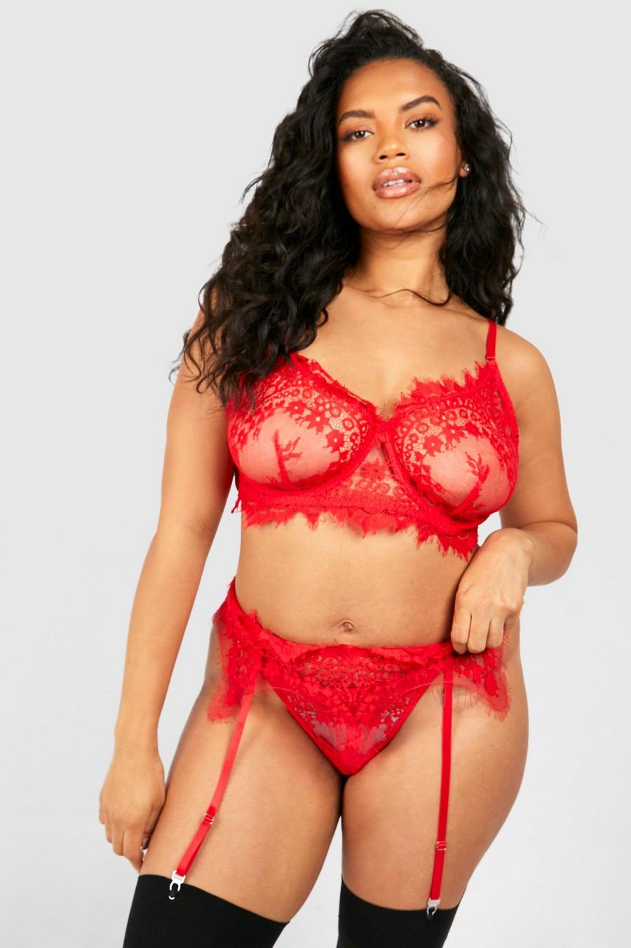 Grande taille - Ensemble de lingerie à dentelle frangée, Red