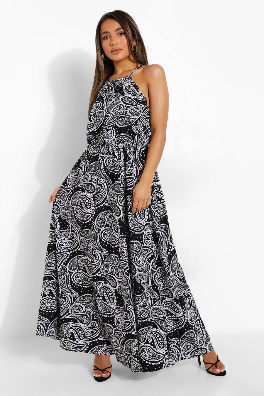 Black Petite Paisley Print Halter Maxi Dress image number 1