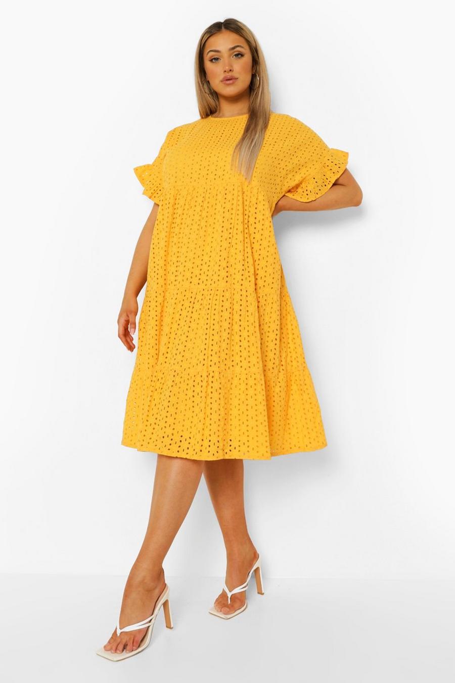 Mustard Plus Broderie Anglaise Tiered Midi Dress