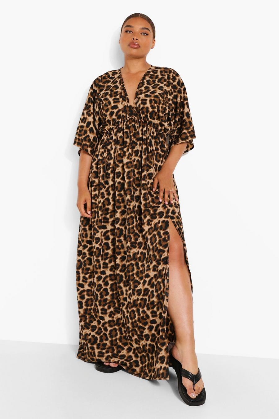 Vestito maxi Plus Size leopardato con maniche ad ala di pipistrello, Maculato image number 1