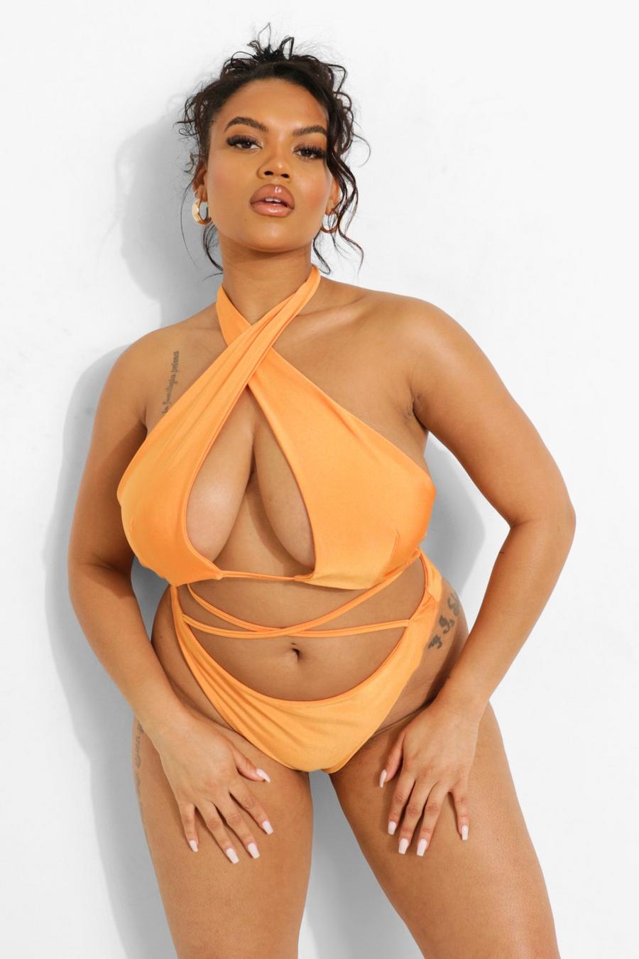 Plus überkreuztes Tropicana Bikini-Crop Top, Orange