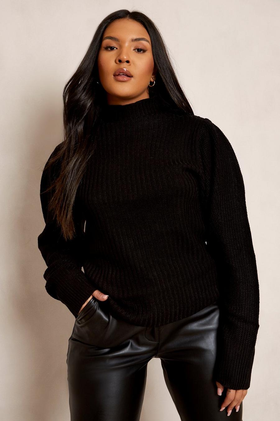 Black Plus Contrast Stitch Balloon Sleeve Sweater image number 1