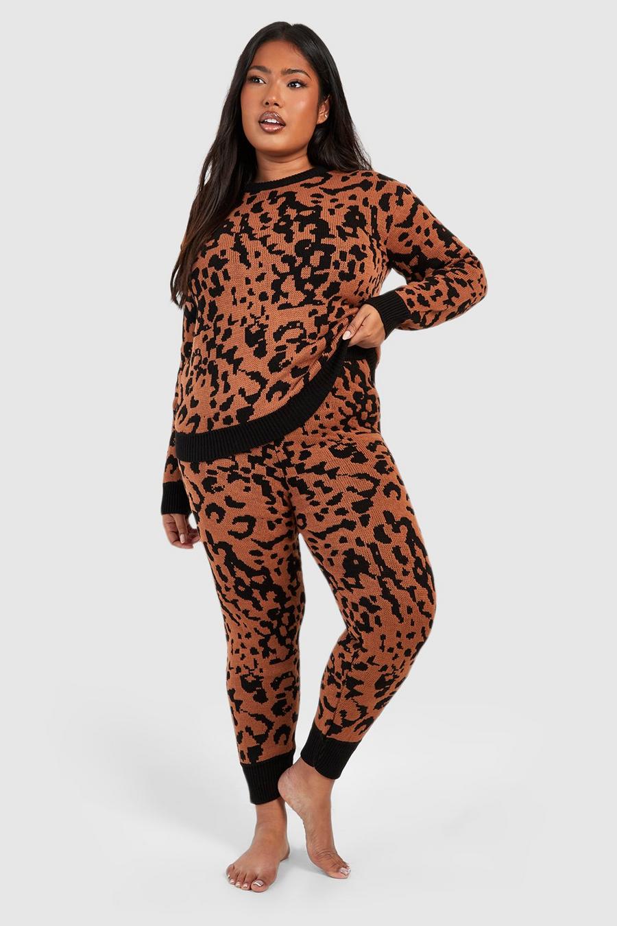 Plus gestricktes Loungewear-Set mit Leopardenprint, Leopard